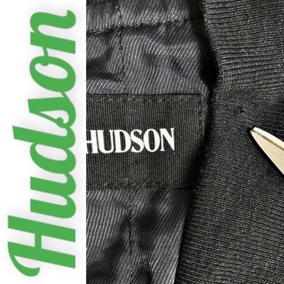 HUDSON Black Silky Quilted Varsity Bomber Jacket, Genuine Leather Trim, 34 - Picture 5 of 11